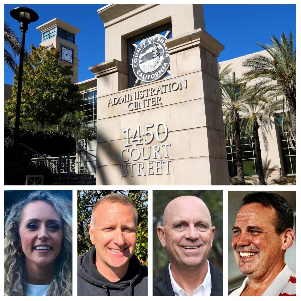 Bottom photos from left to right: Shasta County District 1 supervisor candidates Erin Resner and Kevin Crye and District 5 candidates Baron Browning and Chris Kelstrom.