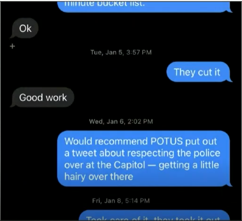 A text message sent Jan. 6, 2021, to White House Chief of staff Mark Meadows from his top aide Ben Williamson.