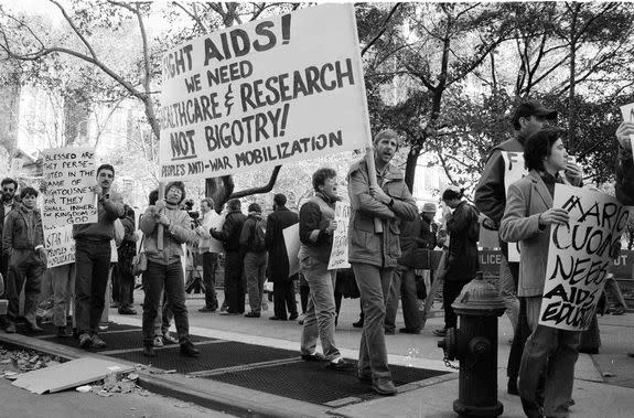 About 100 demonstrators protested on the steps of New York's City Hall on Nov. 15, 1985, as a City Council committee considered legislation to bar pupils and teachers with the AIDS virus from public schools.