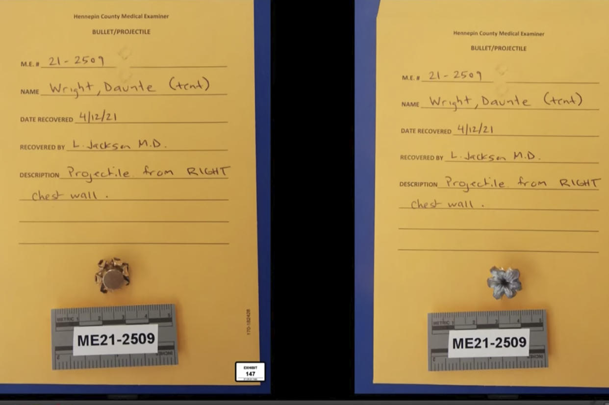 In this screen grab from video, the projectile recovered from Donte Wright's body is discussed by Dr. Lorren Jackson, assistant medical examiner at Hennepin County, while testifying as Hennepin County Judge Regina Chu presides over court Monday, Dec. 13, 2021, in the trial of former Brooklyn Center police Officer Kim Potter in the April 11, 2021, death of Daunte Wright, at the Hennepin County Courthouse in Minneapolis, Minn. (Court TV via AP, Pool)