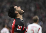 Frankfurt's Omar Marmoush reacts during the Bundesliga soccer match between Eintracht Frankfurt and 1. FC Union Berlin at Deutsche Bank Park stadium in Frankfurt/Main, Germany, Saturday March 30, 2024. (Arne Dedert/dpa via AP)