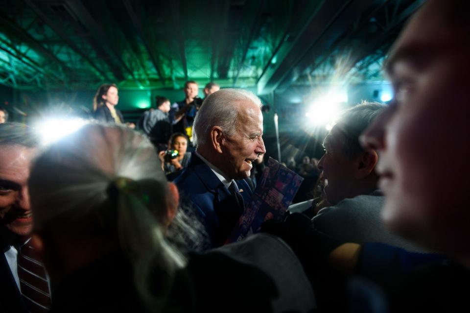 Democratic presidential candidate Joe Biden meets with supporters at his watch party in Columbia after winning the South Carolina Democratic Primary Saturday, Feb. 29, 2020.