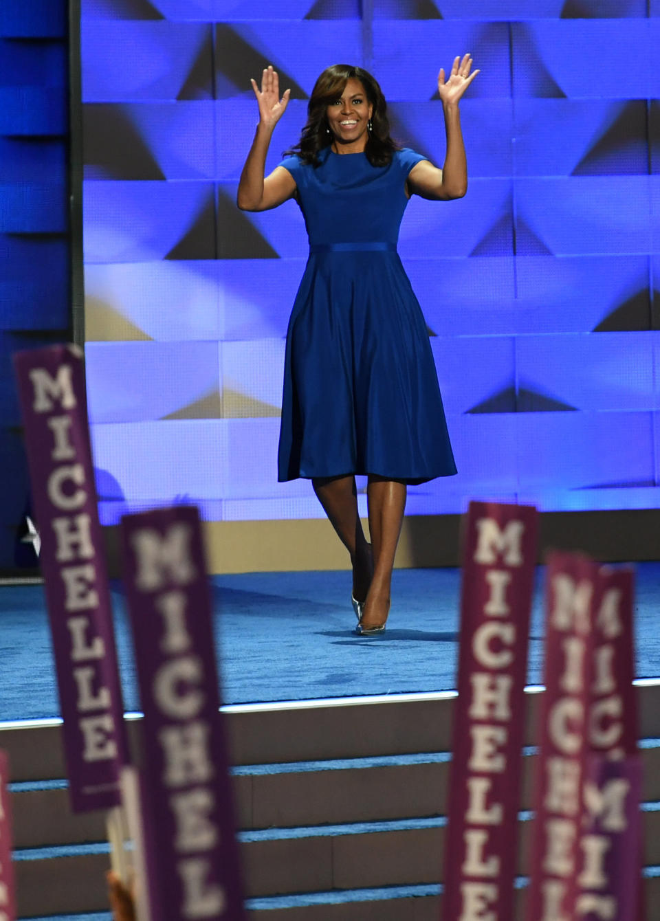 Obama wore this blue frock by Christian Siriano for the 2016 Democratic National Convention, during which she gave her now-famous "When they go low, we go high" speech.