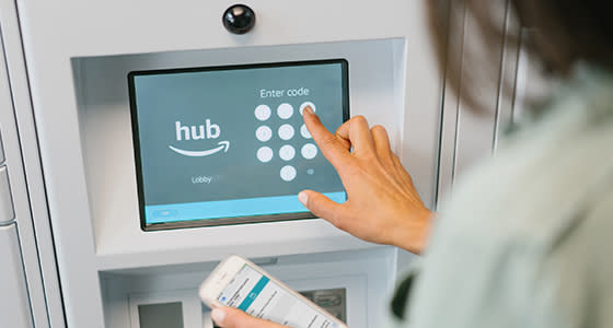 Residents of a building with a Hub get a notification when a package has arrived, with a code to open the locker the package is in. (Amazon)