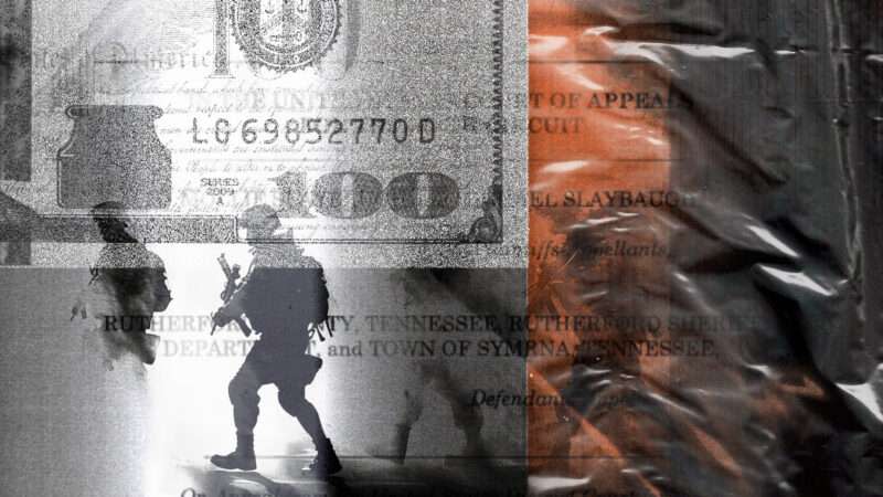 Police officers are seen under a $100 bill and next to the Slaybaugh complaint