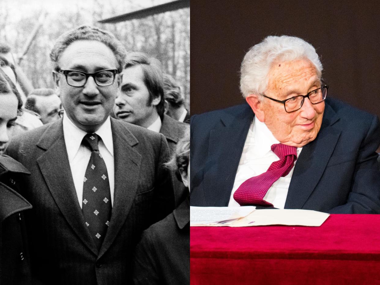 Henry Kissinger pictured in 1974 and 2023.