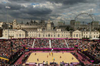 LONDON, ENGLAND - JULY 28: A general view during the Men's Beach Volleyball Preliminary Round on Day 1 of the London 2012 Olympic Games at Horse Guards Parade on July 28, 2012 in London, England. (Photo by Ryan Pierse/Getty Images)