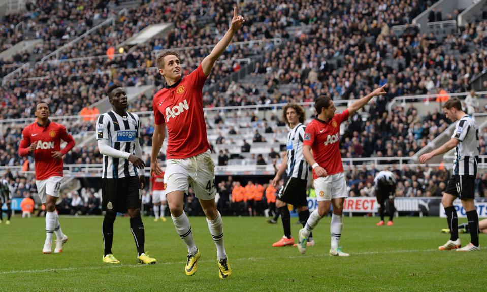 Manchester United's Adnan Januzaj (3rd L) celebrates scoring during their English Premier League soccer match against Newcastle United at St James' Park in Newcastle, northern England, April 5, 2014. REUTERS/Nigel Roddis (BRITAIN - Tags: SPORT SOCCER TPX IMAGES OF THE DAY) FOR EDITORIAL USE ONLY. NOT FOR SALE FOR MARKETING OR ADVERTISING CAMPAIGNS. NO USE WITH UNAUTHORIZED AUDIO, VIDEO, DATA, FIXTURE LISTS, CLUB/LEAGUE LOGOS OR "LIVE" SERVICES. ONLINE IN-MATCH USE LIMITED TO 45 IMAGES, NO VIDEO EMULATION. NO USE IN BETTING, GAMES OR SINGLE CLUB/LEAGUE/PLAYER PUBLICATIONS