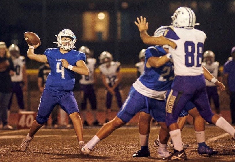 Anthony Tafoya gets ready to fire a pass during Fillmore's 69-0 win over Vasquez last Friday night. The sophomore tied a single-game county record with seven touchdown passes, coming on just 12 attempts.