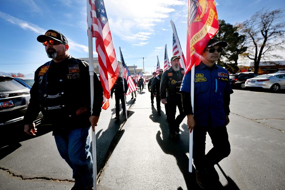 Members of the Patriot Guard arrive to pay their respects as family friends and community members attend a memorial service in American Fork for U.S. Marine Corps Capt. Ralph Jim Chipman, who was lost during battle in Vietnam 50 years ago, on Saturday, Nov. 11, 2023. His remains were identified and returned to his family to be laid to rest. | Scott G Winterton, Deseret News