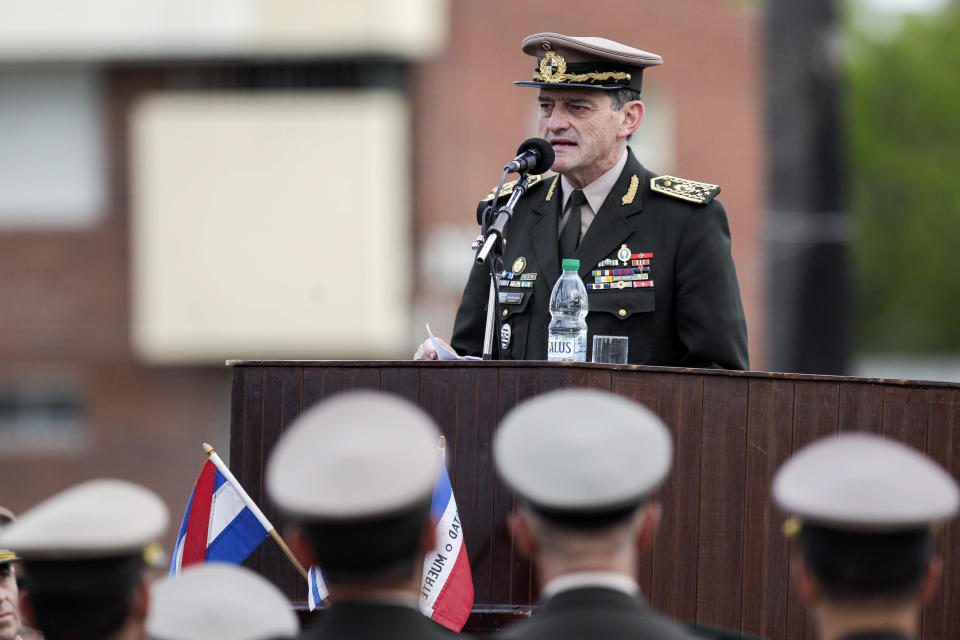 In this Oct. 29, 2018 photo, Uruguay's commander-in-chief of the army Guido Manini Rios speaks during a ceremony honoring independence war hero Joaquin Lencinas, also known as "Ansina" in Montevideo, Uruguay. Announced on Tuesday, March 12, 2109, Uruguay’s President Tabare Vazquez removed Manini Rios after he questioned how local courts have handled cases involving members of the military accused of crimes against humanity committed during the 1973-1985 dictatorship. (AP Photo/Matilde Campodonico)