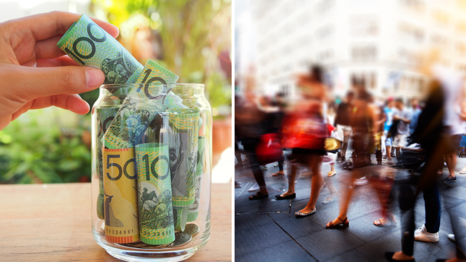 (left) person places $100 bill in jar, (right) commuters walking 