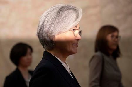 South Korean Foreign Minister Kang Kyung-wha arrives for a meeting with Chinese Premier Li Keqiang at the Great Hall of the People (GHOP) in Beijing, China, 22 August 2019.