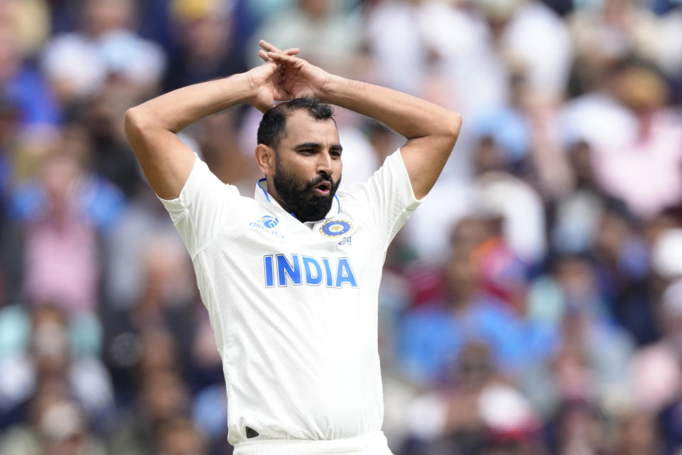 India's Mohammed Shami reacts after bowling on the first day of the ICC World Test Championship Final between India and Australia at The Oval cricket ground in London, Wednesday, June 7, 2023. (AP Photo/Kirsty Wigglesworth)