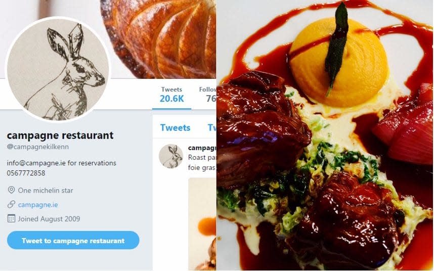 The Campagne restaurant in Ireland was unimpressed with a blogger's request for a free dinner  - Twitter / Campagne restaurant