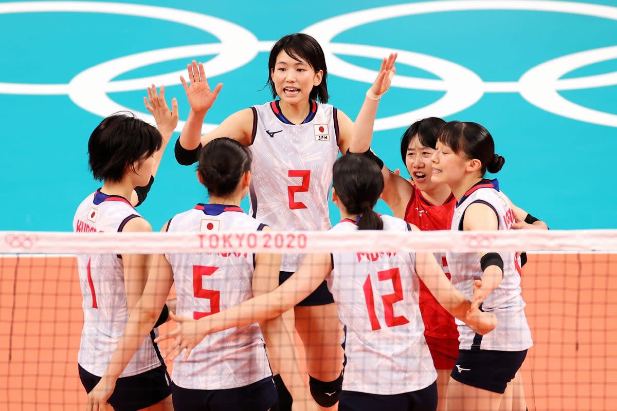 Sarina Koga of Team Japan with team mates at the Tokyo 2020 Olympic Games at Ariake Arena on 31 July, 2021 in Tokyo, Japan (Getty Images)