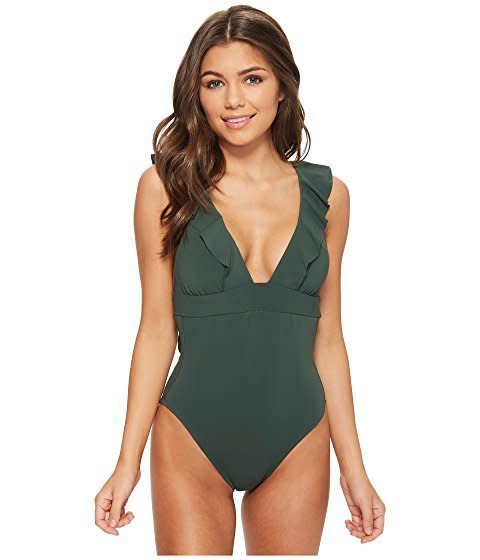 Get it at <strong><a href="https://www.zappos.com/p/robin-piccone-lina-ruffle-v-neck-one-piece-deep-forest-green/product/9057736/color/543199" target="_blank" rel="noopener noreferrer">Zappos</a></strong>, $111.