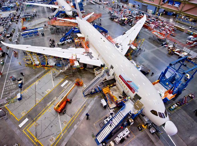 Four Dreamliners including the one for Air India are shown in the final assembly facility.