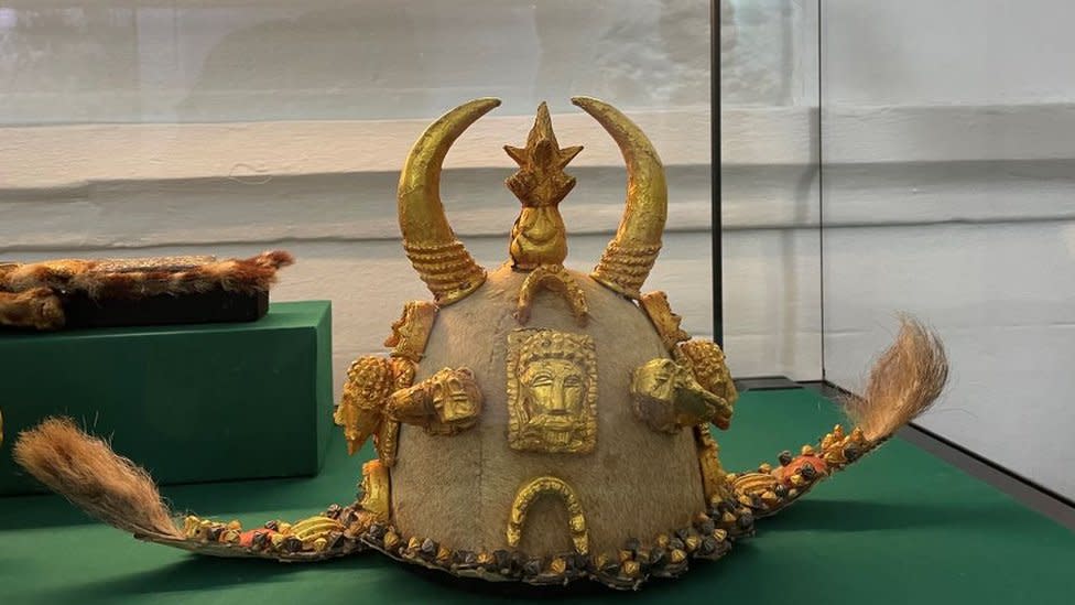 A ceremonial cap, known as a denkyemke, taken by British forces from the Ashanti kingdom in the 19th Century
