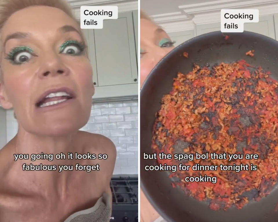 L: Jess Rowe showing off her cooking fail. R: Jess Rowe showing a pan with burnt food on the bottom