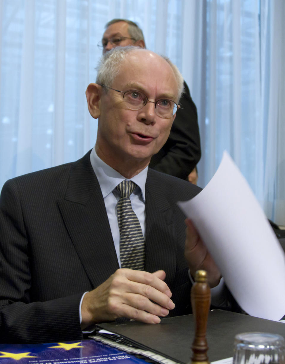 European Council President Herman Van Rompuy speaks during a tripartite social summit at the EU Council building in Brussels on Thursday, Oct. 18, 2012. European leaders are gathering again in Brussels to discuss how to save the euro currency from collapse and support countries facing too much debt and not enough growth. (AP Photo/Virginia Mayo)