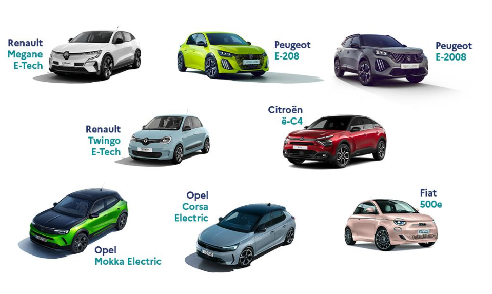 Quelques exemples donnés par le gouvernement de modèles de voitures électriques disponibles en leasing.