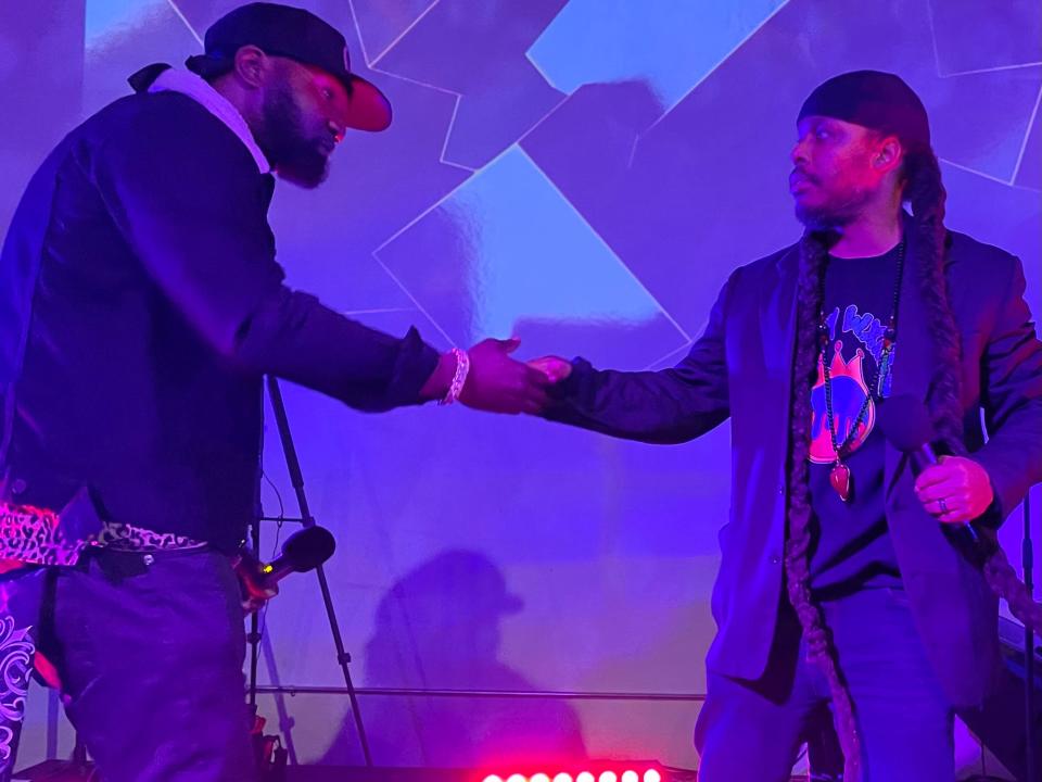 From left: Athens hip hop artist P.O. The Priceless 1 and ATHfactor-Liberty Entertainment CEO Montu Miller onstage at The Lab at Ciné on Feb. 18. Miller will co-host and P.O. is one of the scheduled performers at Fortyfest on Sept. 2, 2023.