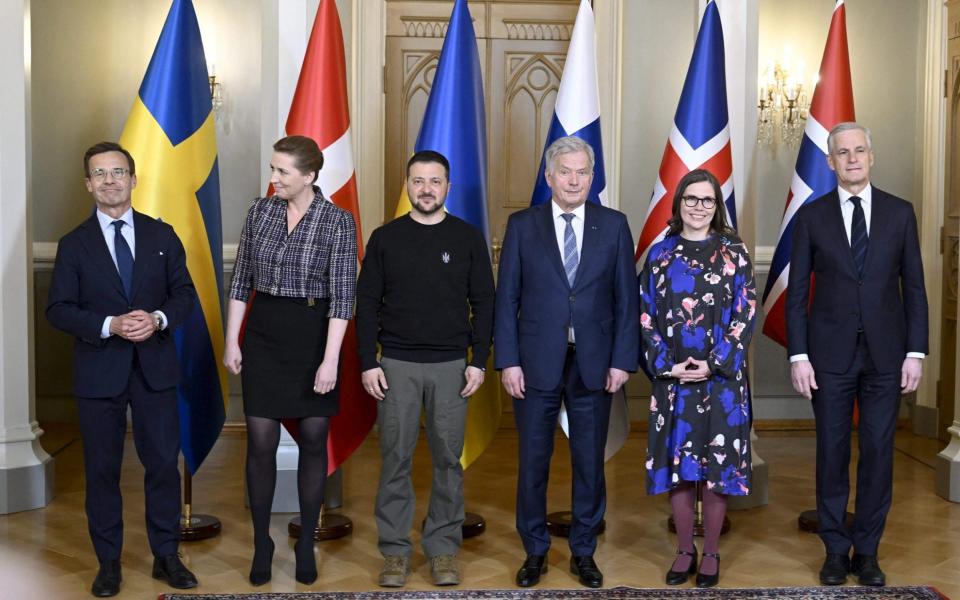 Volodymr Zelensky with the leaders of Sweden, Denmark, Finland, Iceland and Norway - AFP