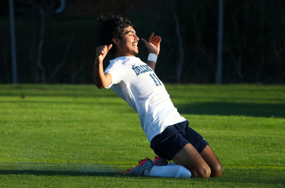 Delcastle's Cristofer Torres Romero celebrates his overtime goal in Delcastle's 1-0 win, Tuesday, Oct. 3, 2023 at Newark.