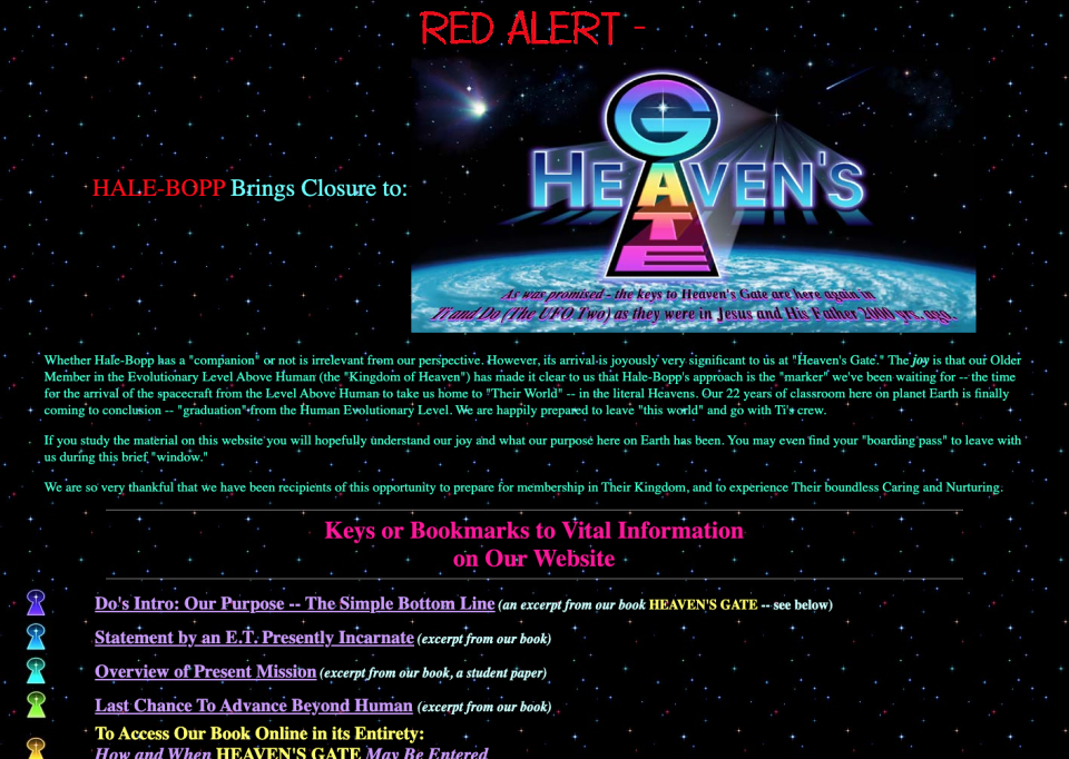 The image is a screenshot of the Heaven's Gate cult website with various text and their logo