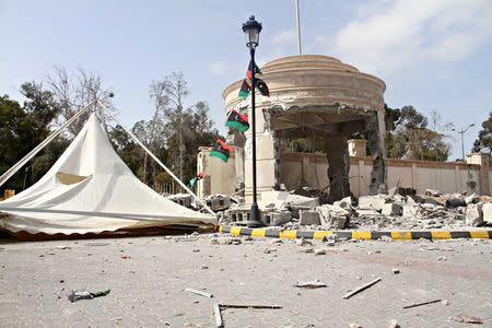 A damaged compound occupied by a Libyan self-declared rival prime minister is seen after it was taken over by armed groups aligned with a U.N.-backed government in heavy fighting, in Tripoli, Libya, March 15, 2017. REUTERS/Hani Amara