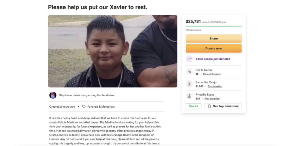 Xavier Lopez, 10, is among the children who died in the shooting, according to KSAT 12. A fundraiser for Lopez’s funeral expenses was started Tuesday night.