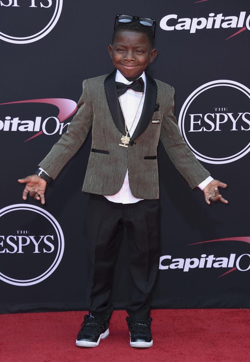 Jarrius Robertson, 15-year-old winner of the ESPYS Jimmy V Perseverance Award, pairs sneakers with his tuxedo