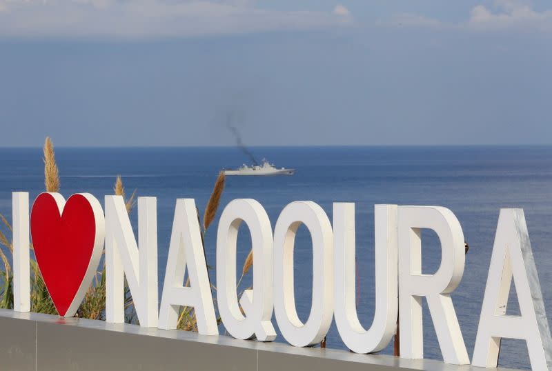 A UN naval ship is pictured in Naqoura, near the Lebanese-Israeli border