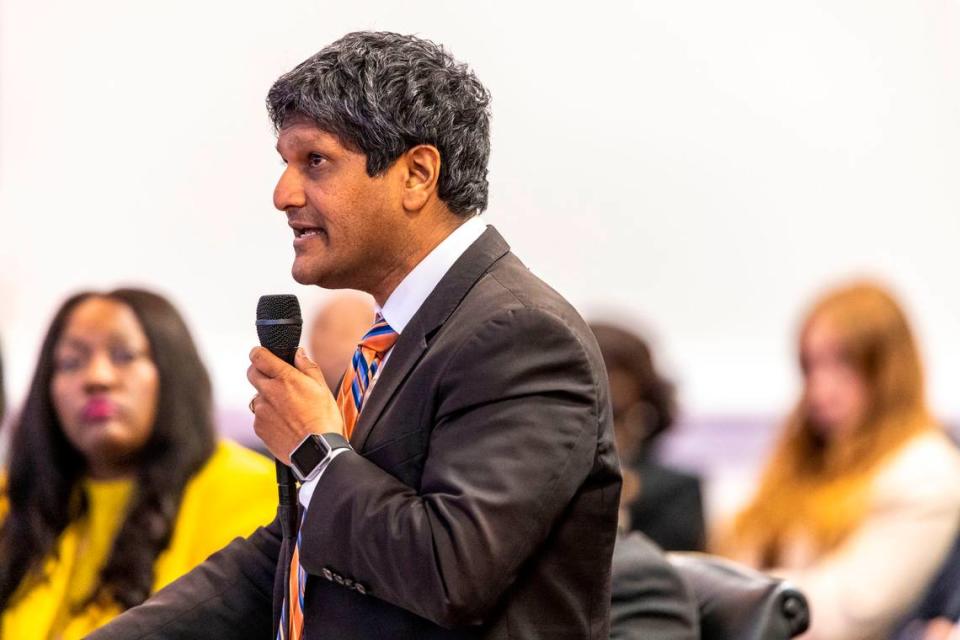 N.C. Sen. Jay Chaudhuri of Wake County speaks during debate on the Senate floor on June 1, 2022 at the General Assembly in Raleigh.