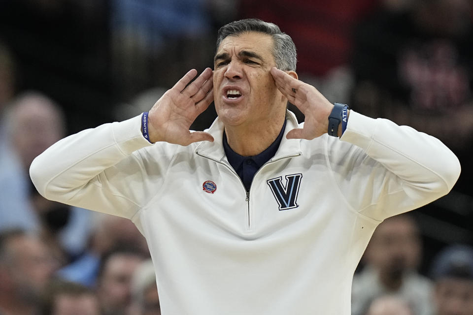Villanova head coach Jay Wright yells during the first half of a college basketball game against Houston in the Elite Eight round of the NCAA tournament on Saturday, March 26, 2022, in San Antonio. (AP Photo/Eric Gay)