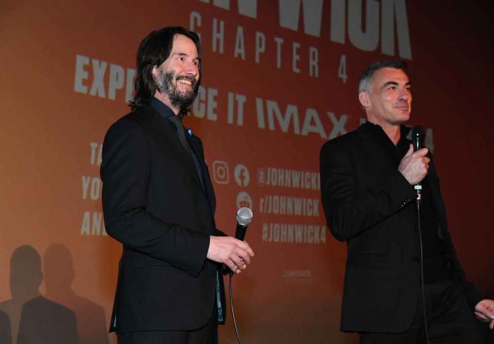 HOLLYWOOD, CALIFORNIA - MARCH 20: (L-R) Keanu Reeves and Chad Stahelski attend “John Wick: Chapter 4” Los Angeles Premiere at TCL Chinese Theatre on March 20, 2023 in Hollywood, California. (Photo by Jon Kopaloff/Getty Images for Lionsgate)