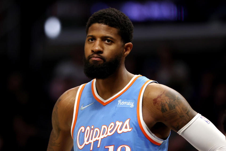 LOS ANGELES, CALIFORNIA - APRIL 09: Paul George #13 of the Los Angeles Clippers looks on during the first half against the Sacramento Kings at Crypto.com Arena on April 09, 2022 in Los Angeles, California. NOTE TO USER: User expressly acknowledges and agrees that, by downloading and or using this photograph, User is consenting to the terms and conditions of the Getty Images License Agreement. (Photo by Katelyn Mulcahy/Getty Images)