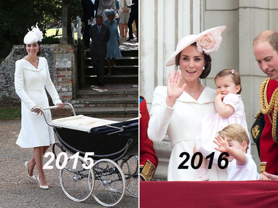 <p>Unglaublich, wie die Zeit vergeht! Für Prinzessin Charlottes Taufe im Juli 2015 trug die Herzogin ein bezauberndes weißes Kleid von Alexander McQueen mit dazu passenden weißen Pumps. Für die Trooping The Colour Parade anlässlich der offiziellen Geburtstagsfeier der Queen 2016 trug sie dasselbe Kleid erneut, während sie sich mit ihrer hinreißenden Familie zeigte.</p>