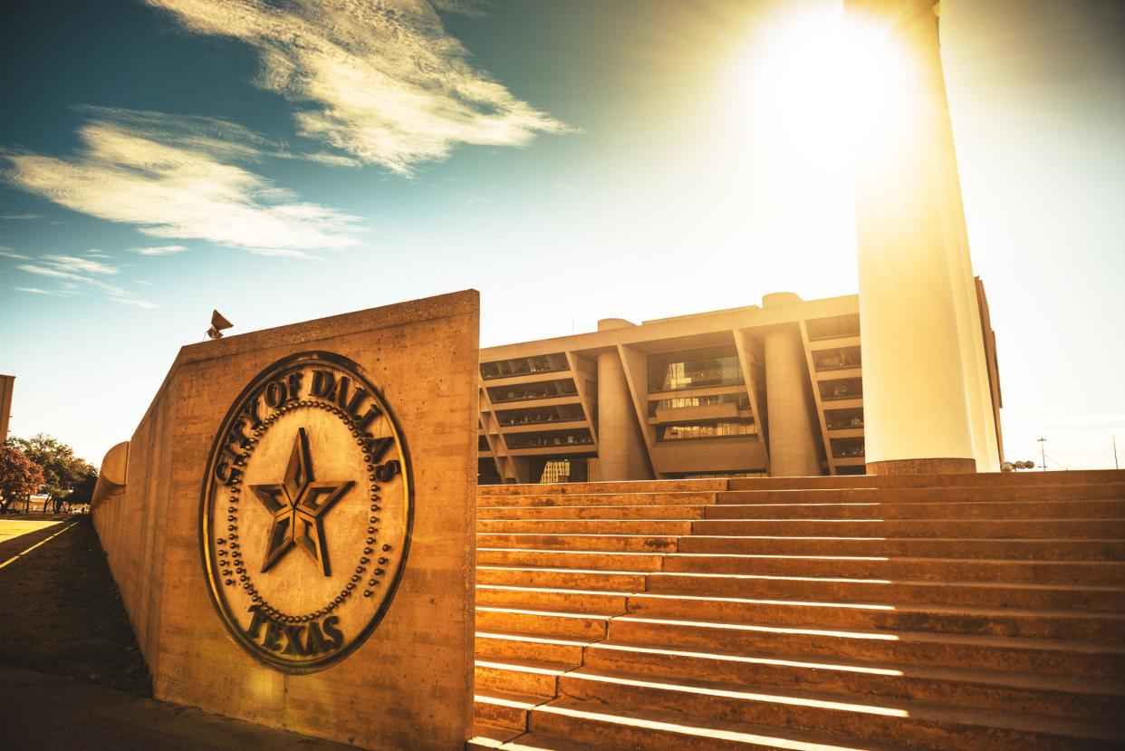 Dallas City Hall, Dallas, sepia coloring with sun shining over