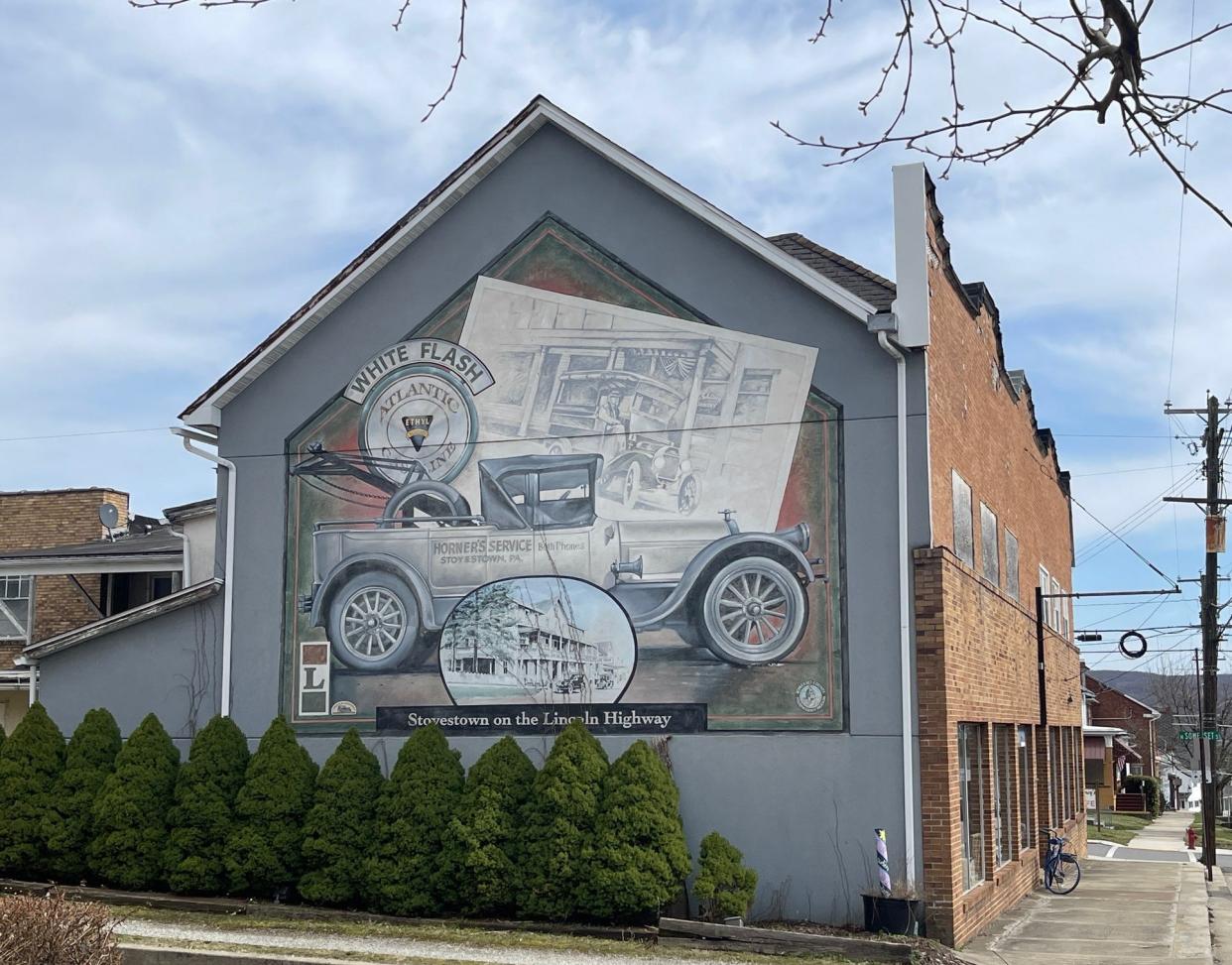 This mural commissioned by the Lincoln Highway Experience honors Stoyestown's history as a stop along the Lincoln Highway, the nation's first coast-to-coast highway. The mural is painted on the side of the Mayapple Marketplace, a locally-owned general store at 101 W. Main St.