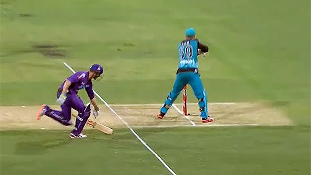 Bailey's bat got stuck in the turf short of the crease. Pic: Channel 10