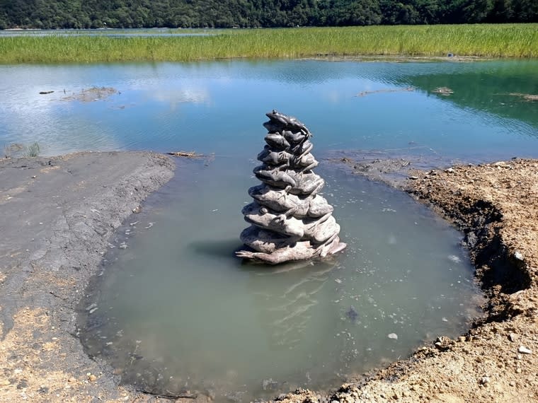 日月潭水庫蓄水持續回升，九蛙疊像終於喝到水了。   圖：日月潭國家風景區管理處／提供