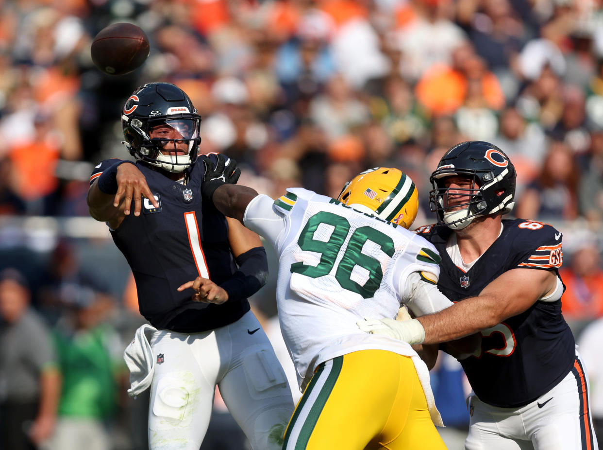 Chicago Bears quarterback Justin Fields and his teammates will try to get revenge for a Week 1 loss to the Packers. (Chris Sweda/Chicago Tribune/Tribune News Service via Getty Images)