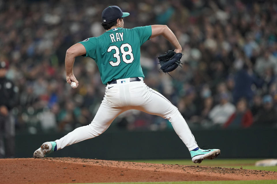 Seattle Mariners starting pitcher Robbie Ray throws against the Los Angeles Angels during the seventh inning of a baseball game, Friday, June 17, 2022, in Seattle. (AP Photo/Ted S. Warren)