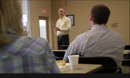 A still image taken from video shows Montana Republican congressional candidate Greg Gianforte speaking to voters while campaigning for a special election in Missoula, Montana, U.S. May 24, 2017. REUTERS/Justin Mitchell