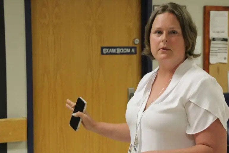 Administrator Sarah Breshears leads a tour of the Talihina Veterans Center on July 25. The center includes a complete hospital with a resident physician, pharmacist, physical therapists and nursing staff.