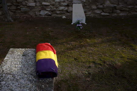 A Spanish Republican flag is seen during the exhumation of a grave at Guadalajara's cemetery, Spain, January 19, 2016.REUTERS/Juan Medina