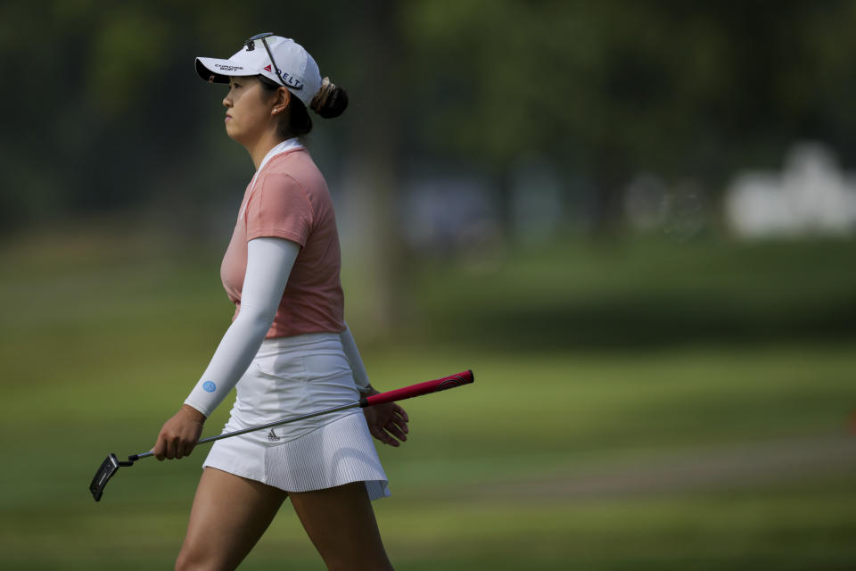 Rose Zhang walks to the fifth green during the first round of the LPGA Tour Kroger Queen City Championship golf tournament in Cincinnati, Thursday, Sept. 7, 2023. (AP Photo/Aaron Doster)
