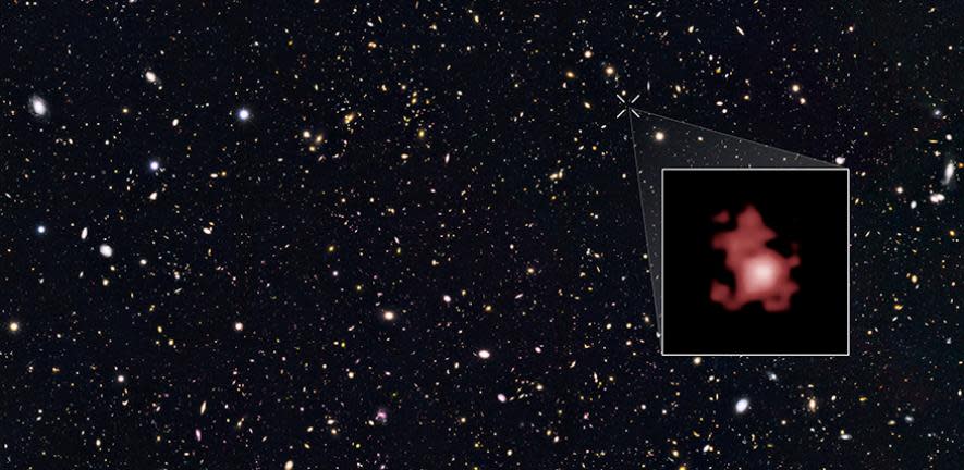 The black hole's young host galaxy, called GN-z11 (inset), glows from such an energetic black hole at its center. It existed only 400 million years after the Big Bang, when the universe was only 3 percent of its current age.